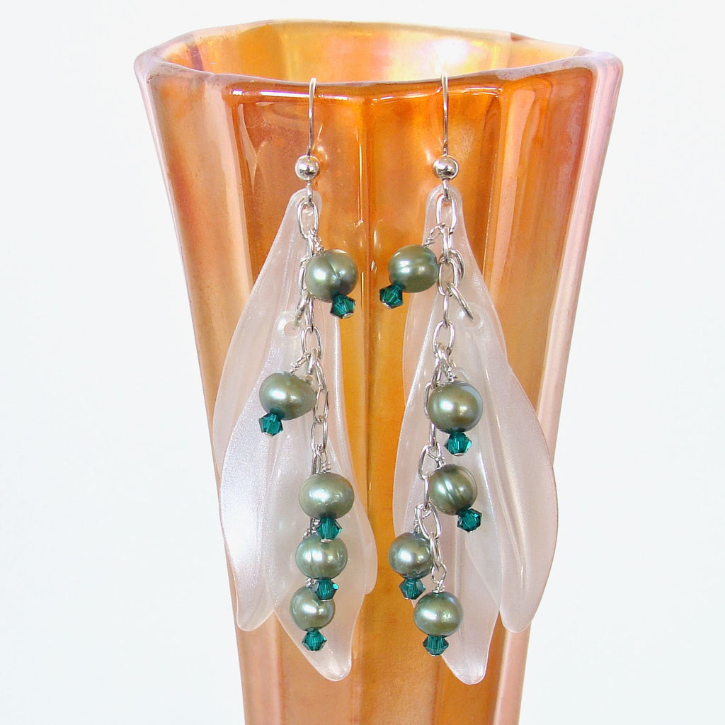 Dangle Earrings in Teal Green and White