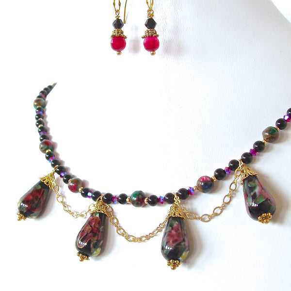 Dark floral beaded necklace