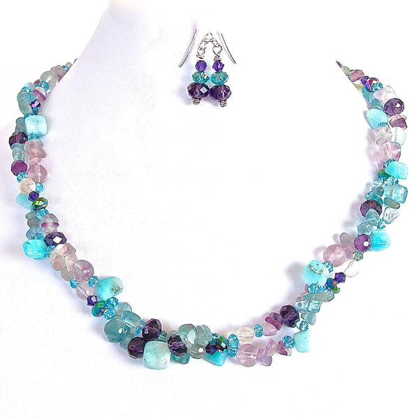 Fluorite and aquamarine handmade necklace set
