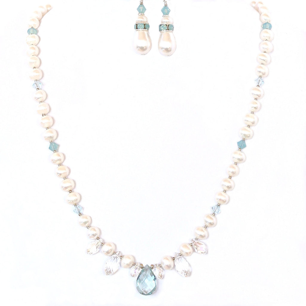 Freshwater Pearl Necklace with Aqua Quartz Pendant