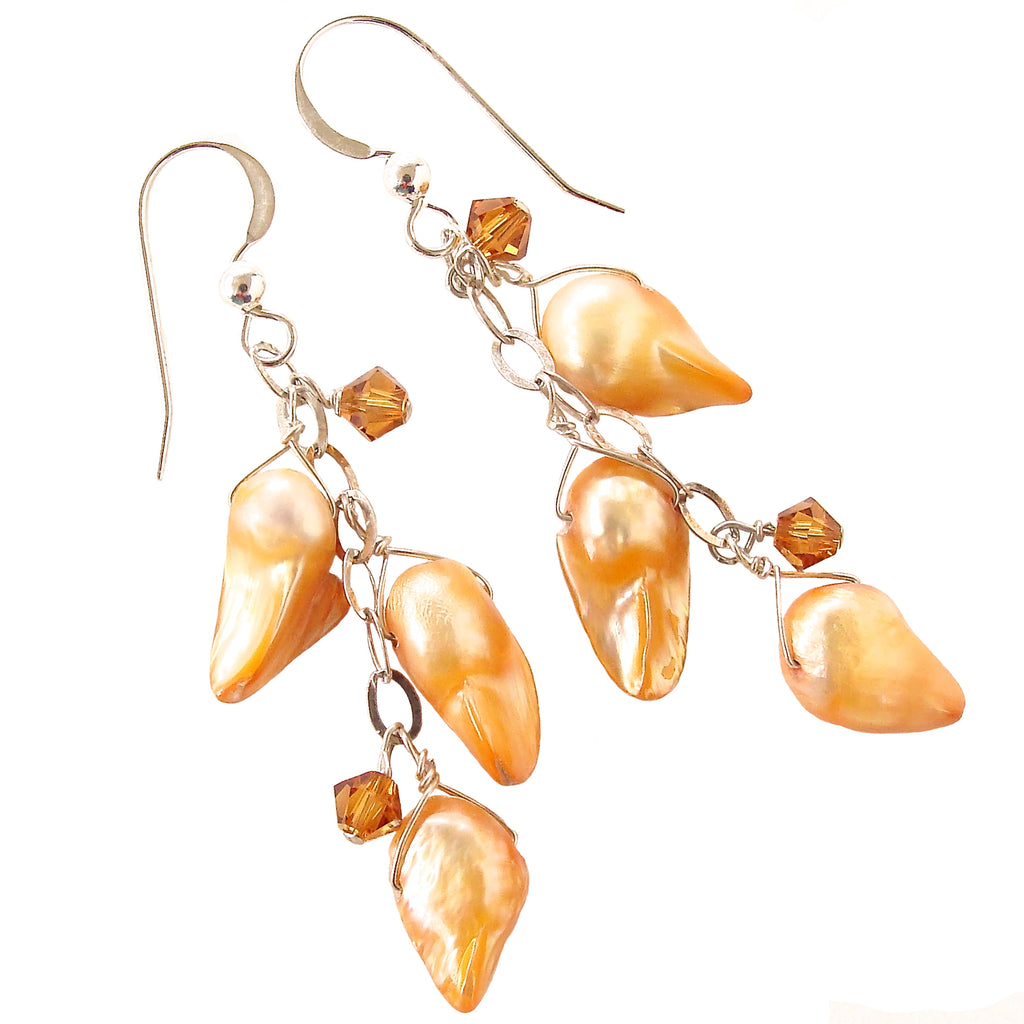 Freshwater Pearl Drop Earrings with Orange Crystals