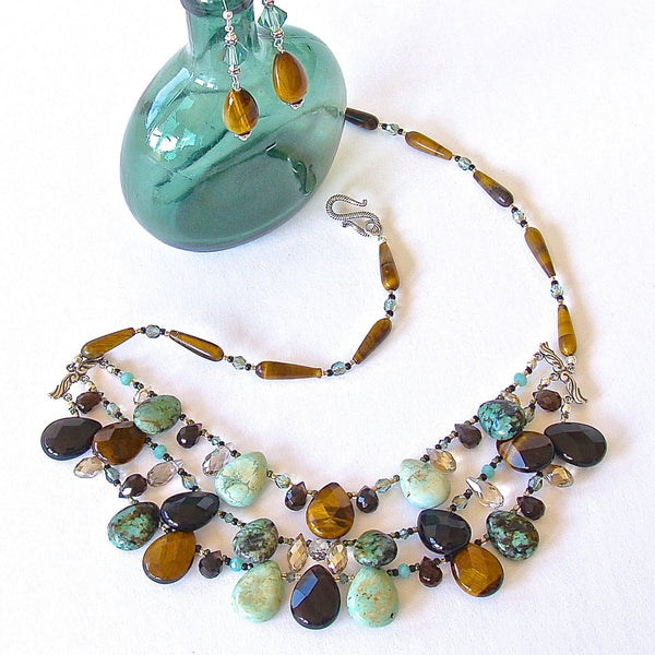 Gold and Green Beaded Gemstone Statement Necklace