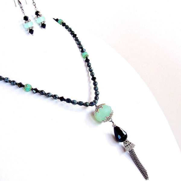 Black and green semi-precious tassel necklace