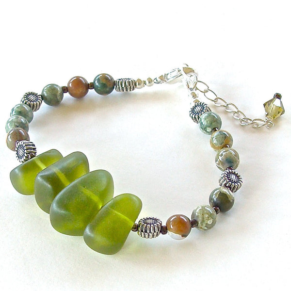 Green Sea Glass Handmade Beaded Bracelet