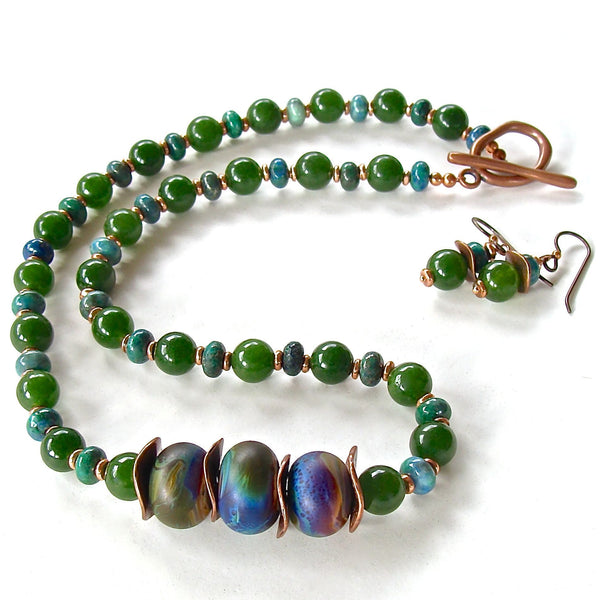 Handcrafted lampwork and jade gemstone necklace set