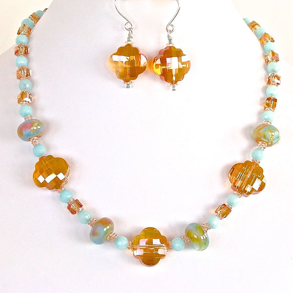 Handmade sky blue and apricot beaded necklace