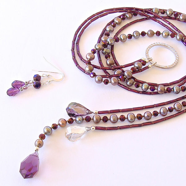 Moon Shadow: Plum Necklace of Crystal and Pearls