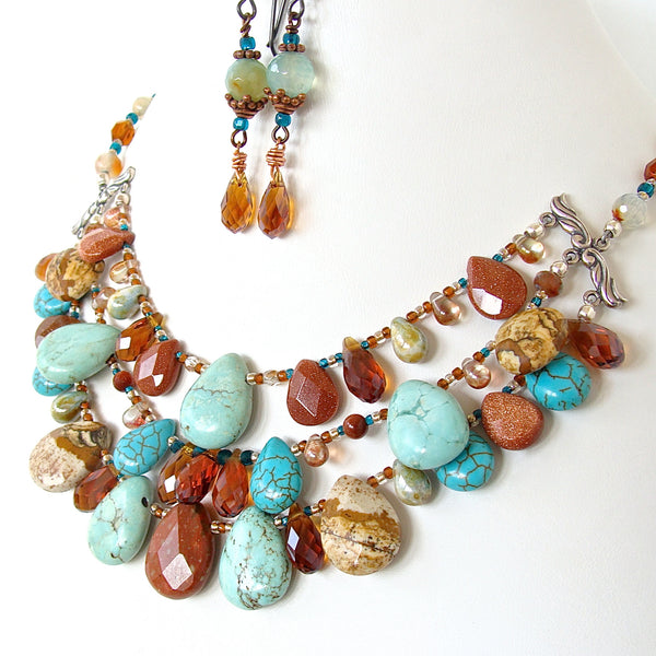 Moab: Crystal and Turquoise Gemstone Bib Necklace Set