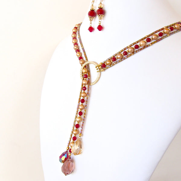 Handmade red lariat necklace