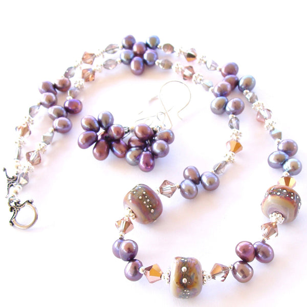 Lavender Pearl Necklace with Art Glass