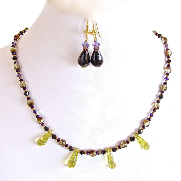 Lemon quartz, black and purple beaded necklace set