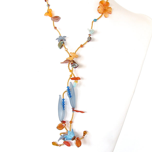 Long flower necklace with turquoise and carnelian