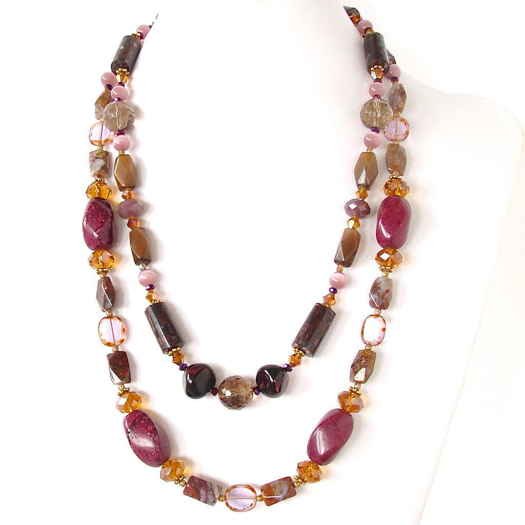 Long statement necklace in purple and yellow