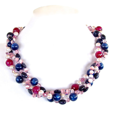 Navy and pink eclectic handmade necklace