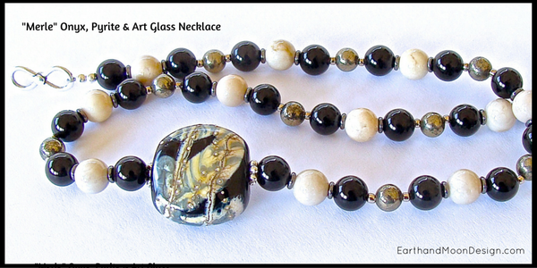 Onyx, Pyrite & Art Glass Black and White Beaded Necklace