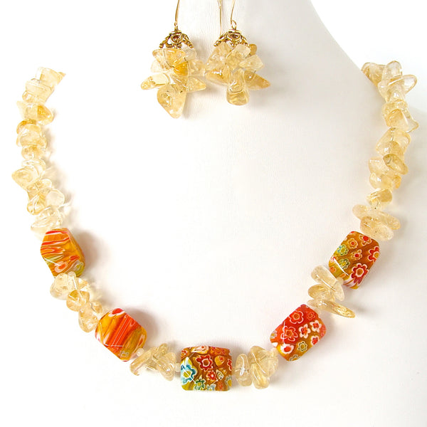 Orange and Yellow Necklace with Millefiori Glass