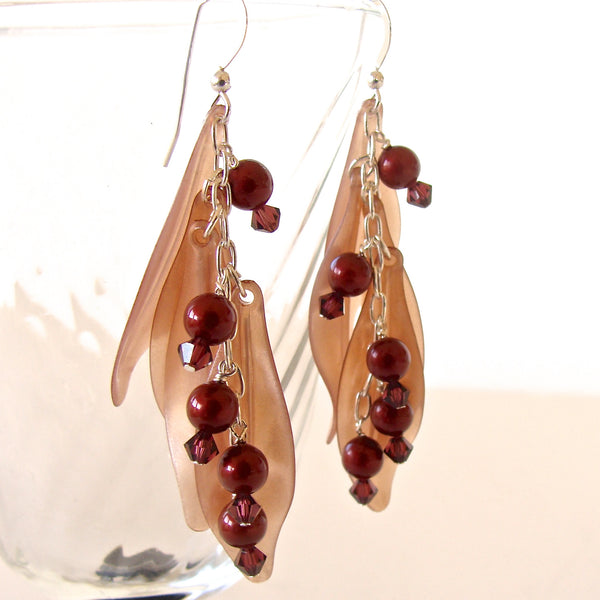petal earrings in burgundy and taupe