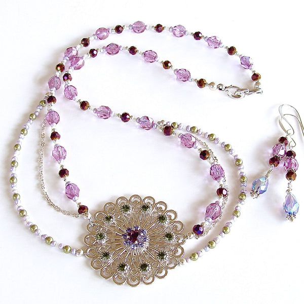 Purple and Green Crystal Necklace Set