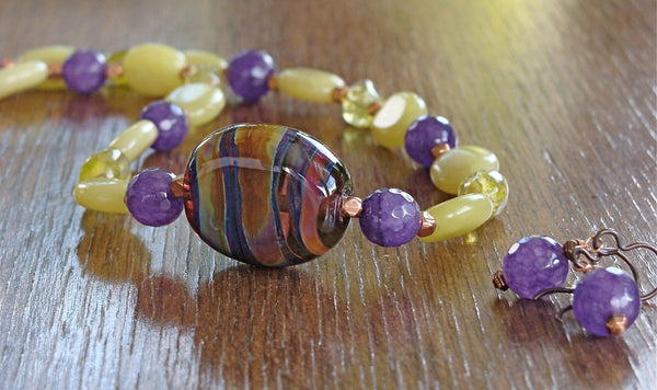 Purple and Lime Hand Blown Glass Bead Necklace Set