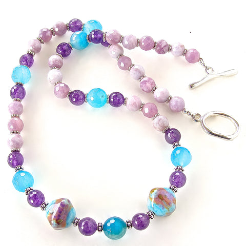 Purple and blue necklace with Art Glass
