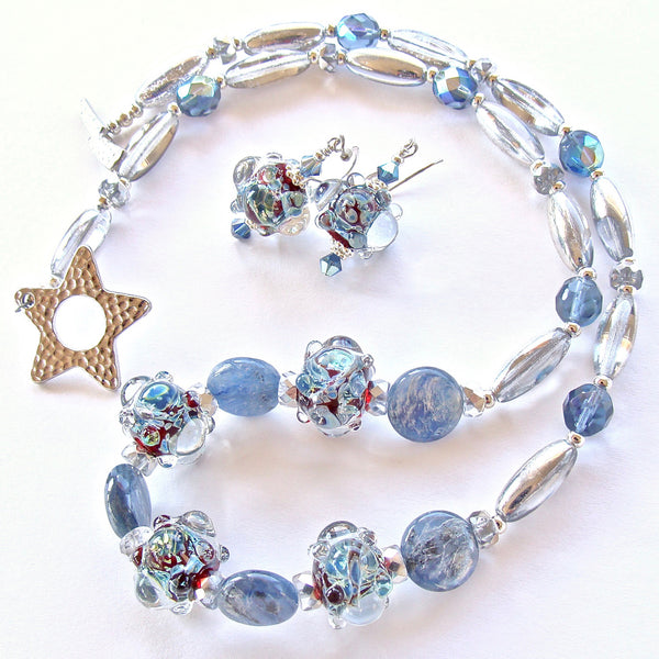 Silver and Blue Necklace Set with Art Glass