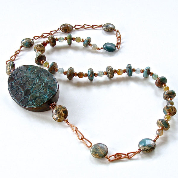 Teal tortoise shell and gemstone beaded necklace