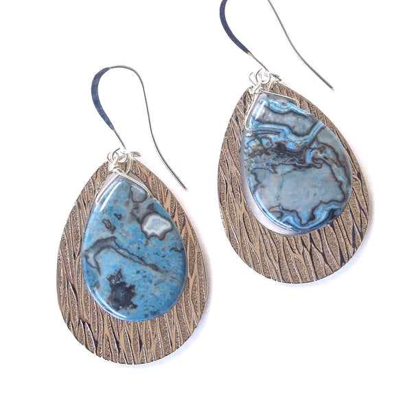 blue agate earrings with silver hoops