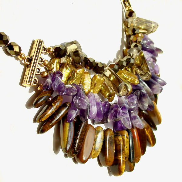 collar bib necklace with amethyst and pearl