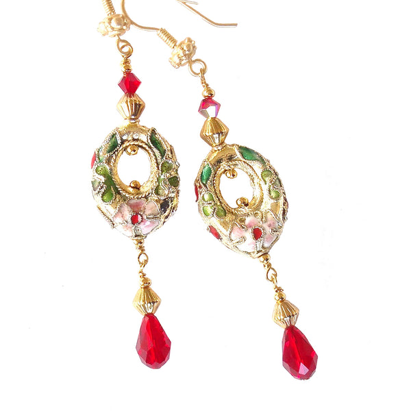 dangle earrings in red and gold