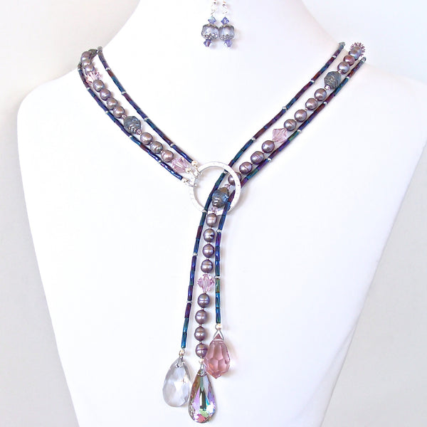 Long Pearl and Crystal Necklace Set