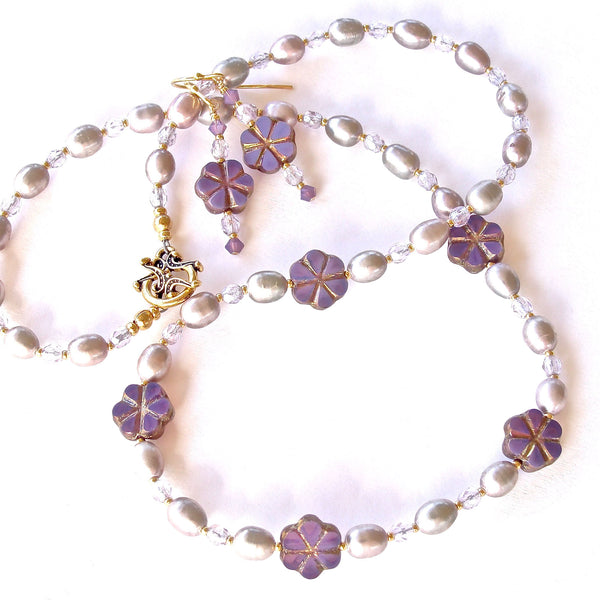petite pearl necklace with purple flowers