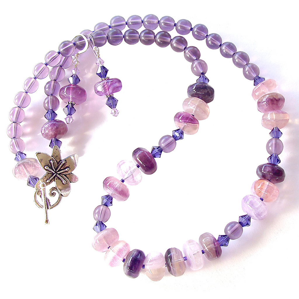 purple necklace with fluorite gemstones