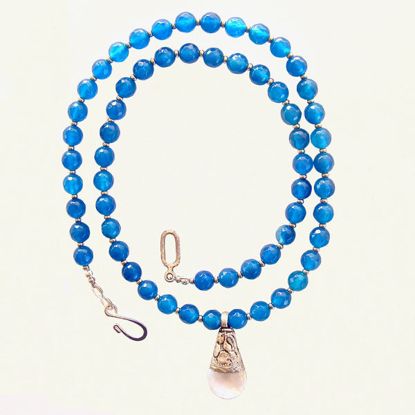 quartz pendant necklace with blue gemstones