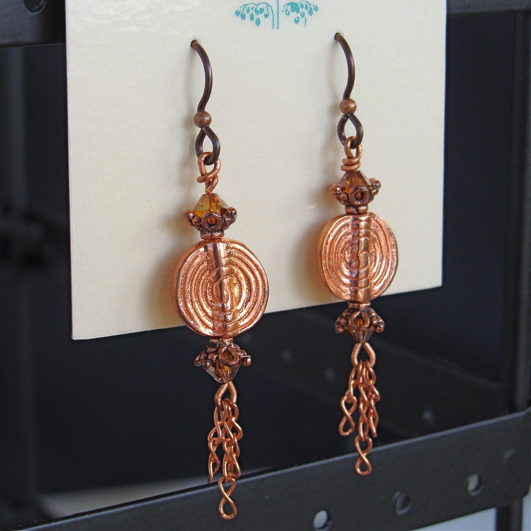 Copper Swirl: Pounded Copper Spiral Earrings with Swarovski Crystals